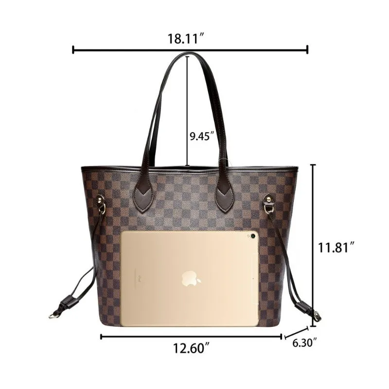 Women's Checkered Tote Shoulder Bag with Inner Pouch - PU Vegan Leather Shoulder Satchel Fashion Bags