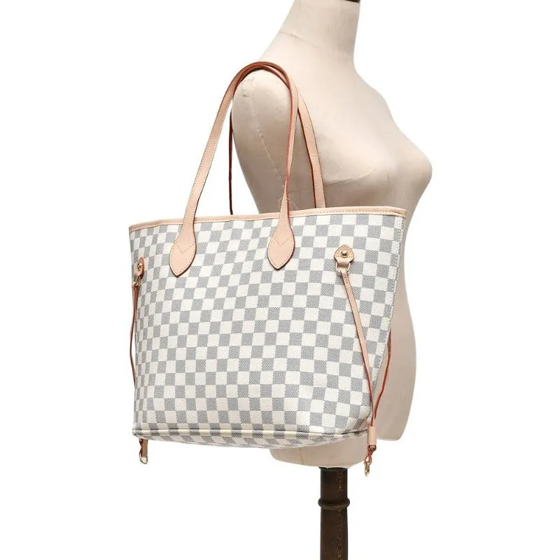 Women's Checkered Tote Shoulder Bag with Inner Pouch - PU Vegan Leather Shoulder Satchel Fashion Bags