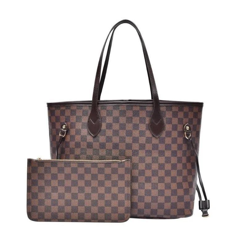 Women's Checkered Tote Shoulder Bag with Inner Pouch - PU Vegan Leather Shoulder Satchel Fashion Bags