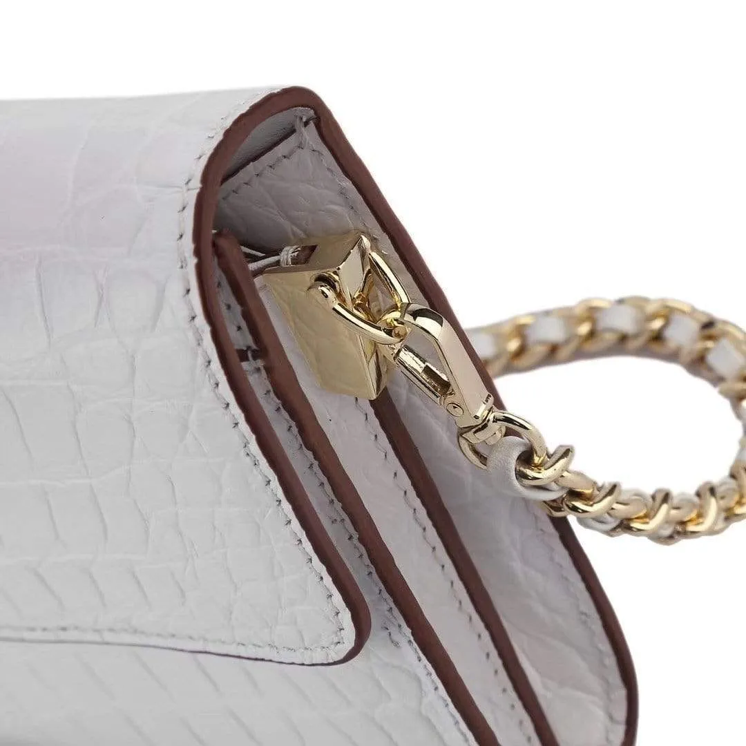 Women's Crocodile Leather  Pouches Chain Pouchette Clutch Bags White