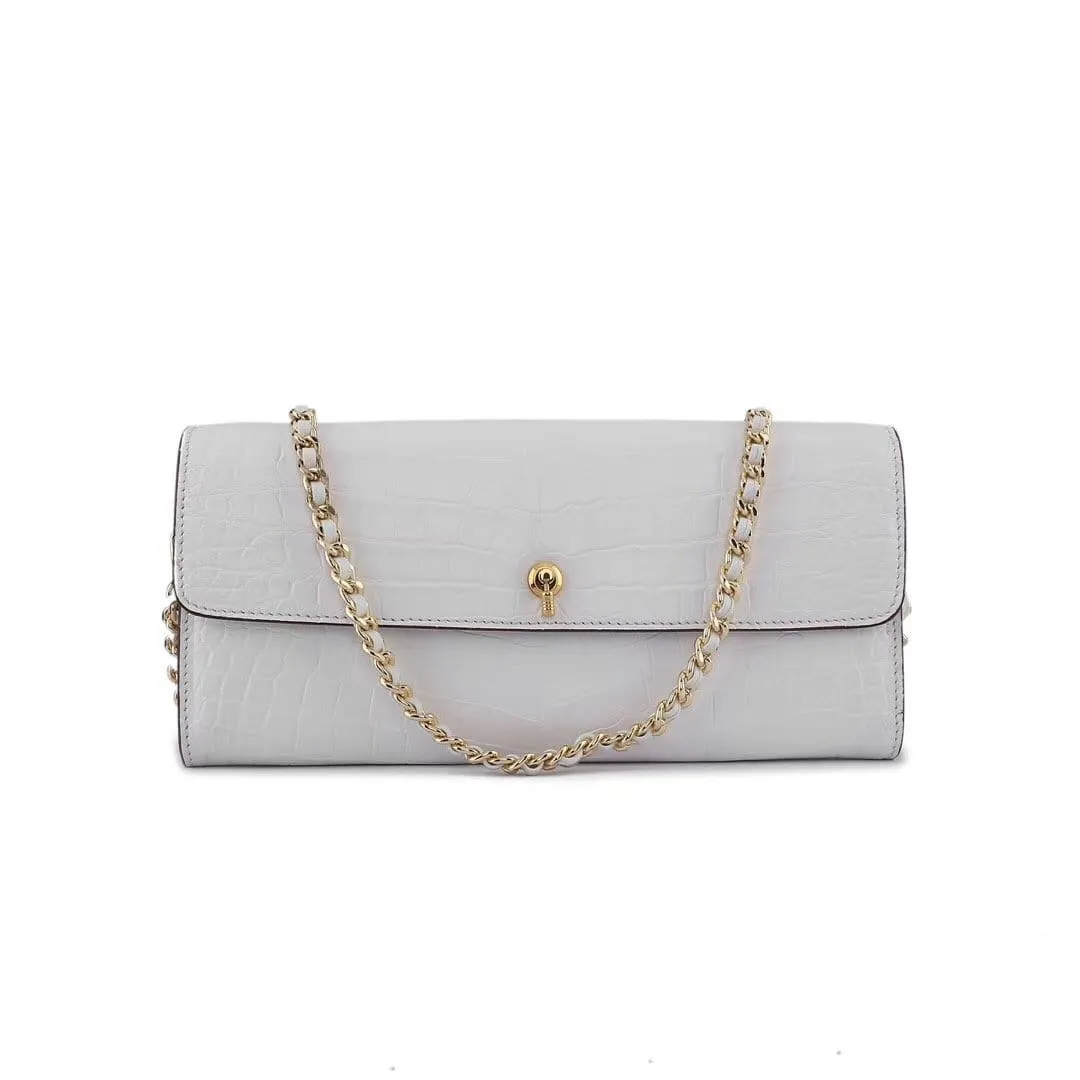 Women's Crocodile Leather  Pouches Chain Pouchette Clutch Bags White