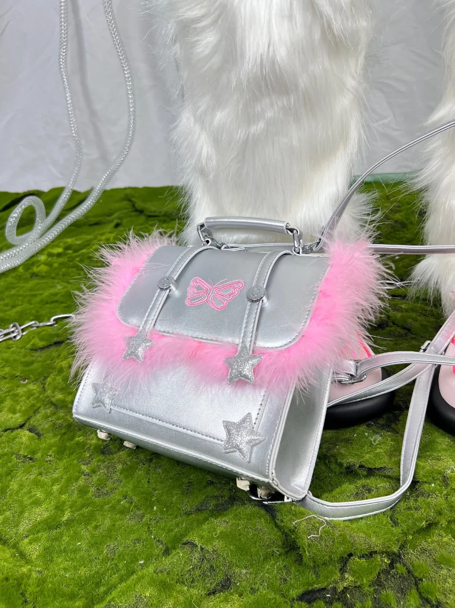 Y2K Silver Butterfly Pink Fuzzy Messenger Bag