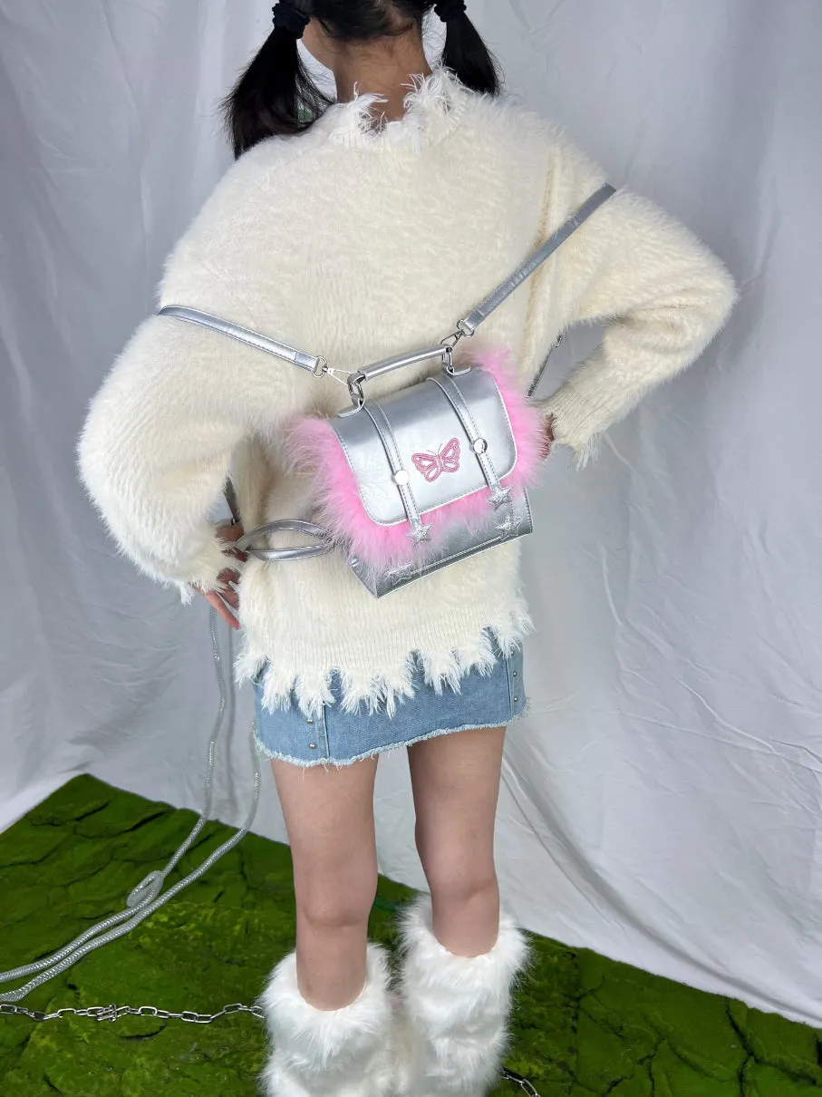 Y2K Silver Butterfly Pink Fuzzy Messenger Bag