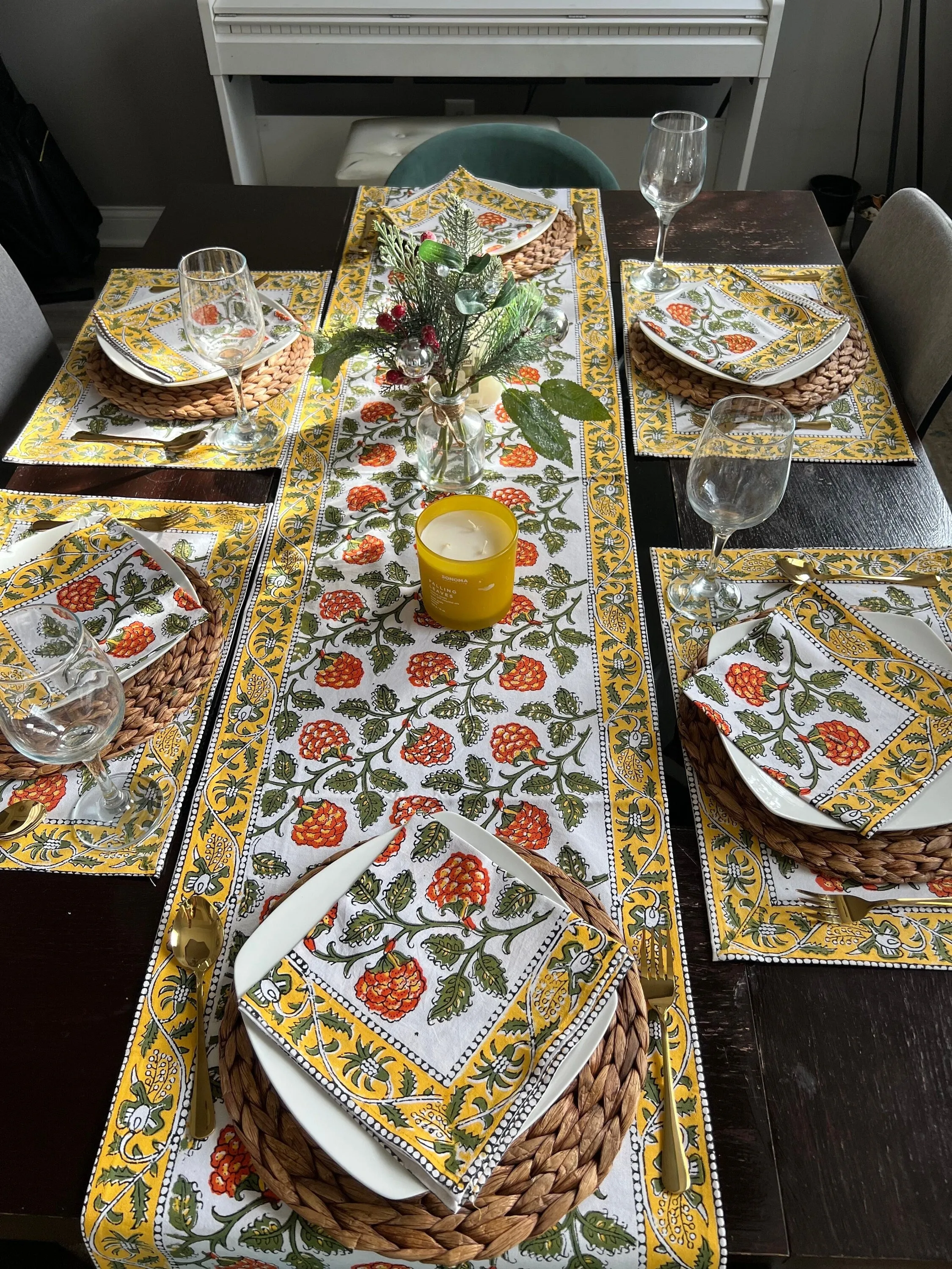 Yellow & Orange Floral Block Print Table Runner, Fall Table decor, Hostess Gift