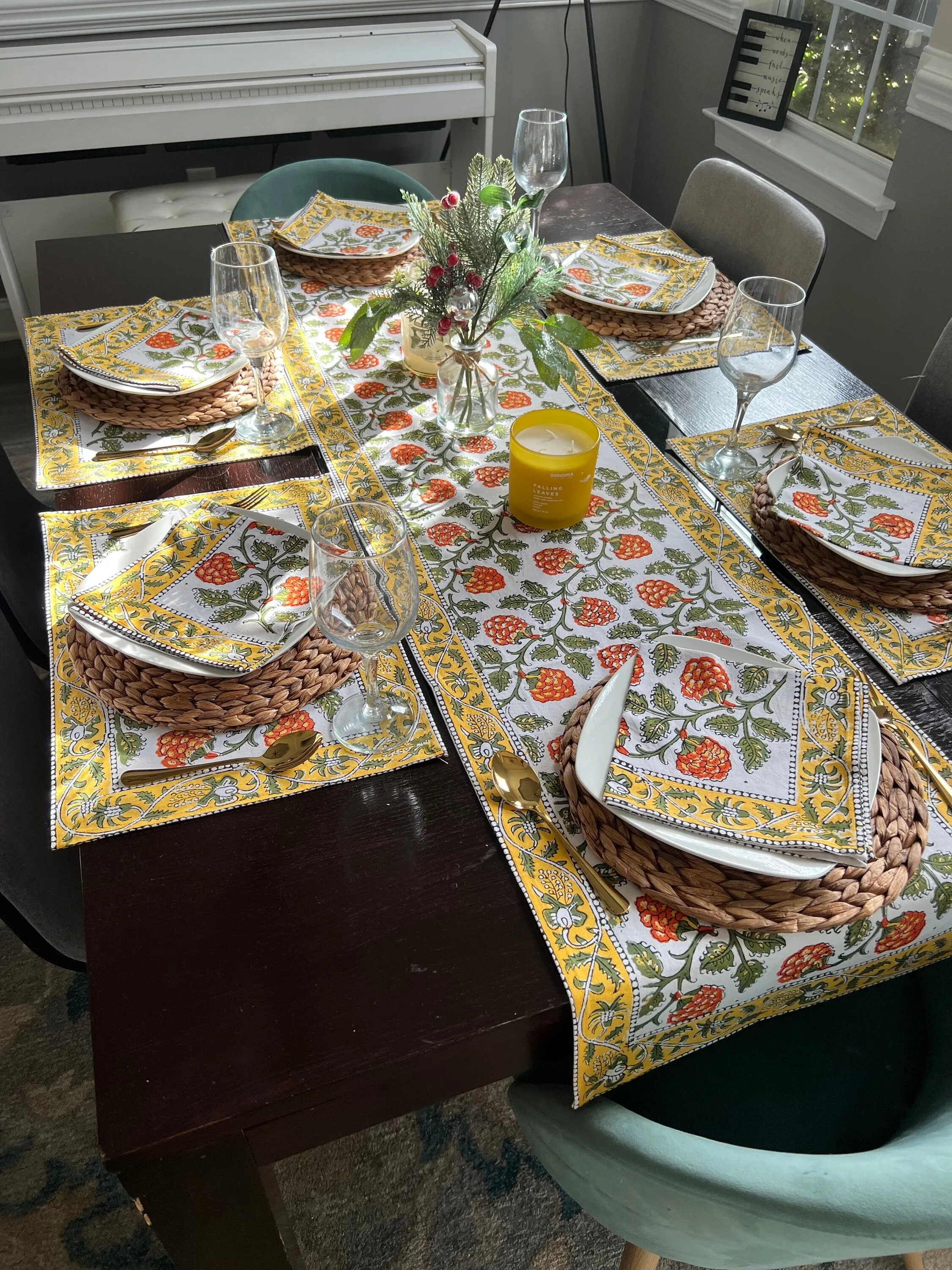 Yellow & Orange Floral Block Print Table Runner, Fall Table decor, Hostess Gift