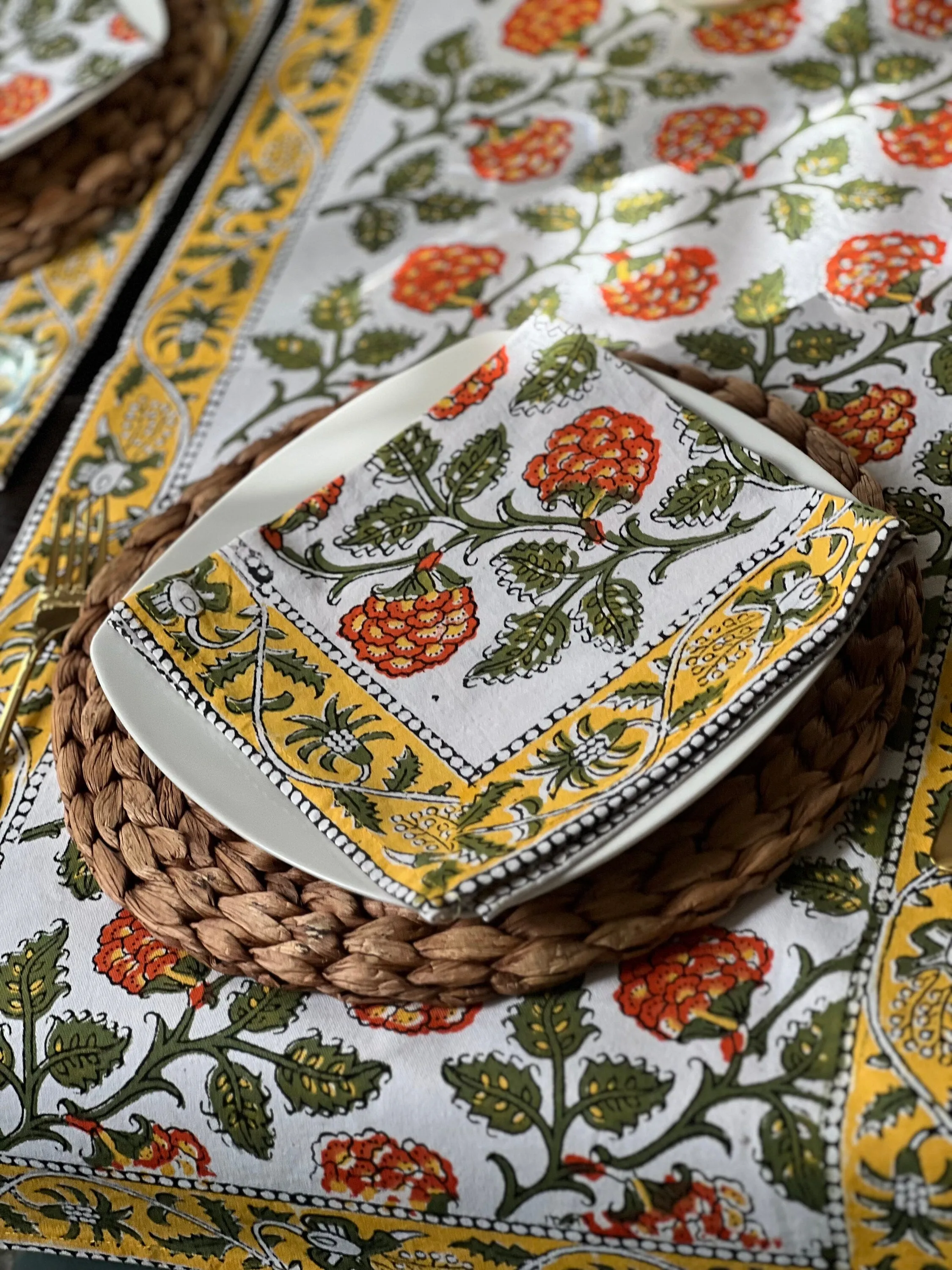 Yellow & Orange Floral Block Print Table Runner, Fall Table decor, Hostess Gift